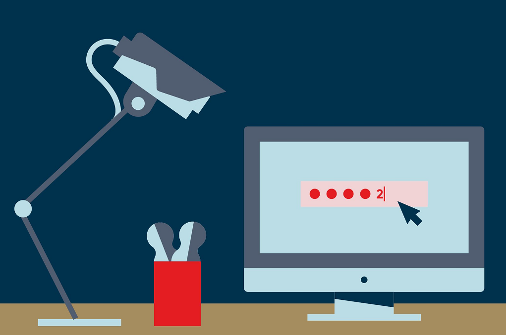 Illustration of a desk with a lamp, pencil holder, and a computer displaying a password