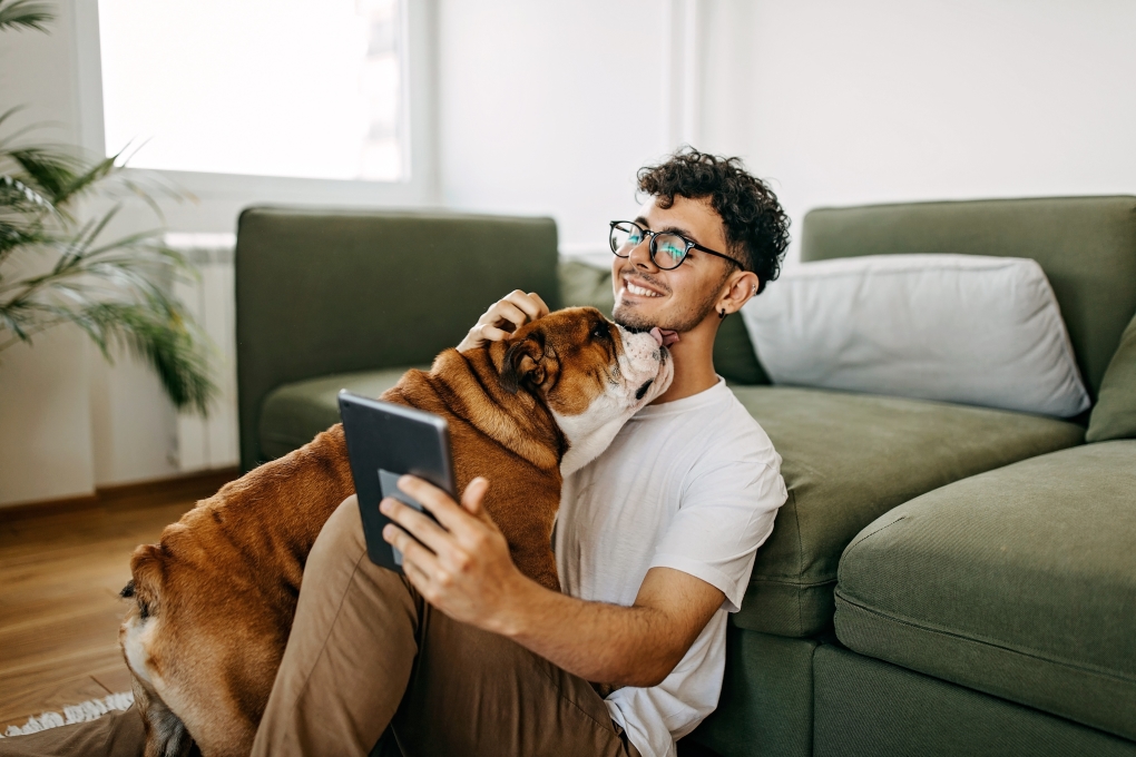 Man with bulldog in a condo, sitting near a green sofa